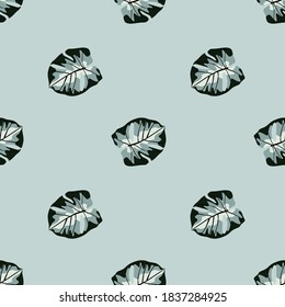 Minimalistic botanic seamless pattern with monstera leaf ornament. Light blue background. Decorative backdrop for fabric design, textile print, wrapping, cover. Vector illustration