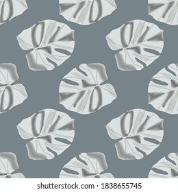 Minimalistic botanic seamless pattern with monstera leaf ornament. Navy blue pale background. Grey palm foliage. Decorative backdrop for fabric design, textile, wrapping, cover. Vector illustration