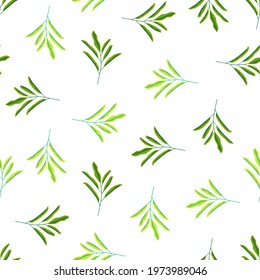 Minimalistic botanic style seamless pattern with green leaf branches shapes on liht background. Perfect for fabric design, textile print, wrapping, cover. Vector illustration.