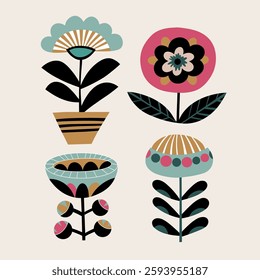 Minimalistic botanical graphic elements. Vector flowers, simple plants floral shapes set. Modern Scandinavian style design elements.