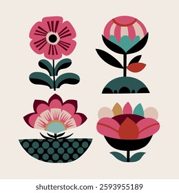 Minimalistic botanical graphic elements. Vector flowers, simple plants floral shapes set. Modern Scandinavian style design elements.