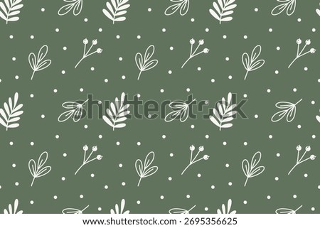 Minimalistic botanical seamless pattern. Hand-drawn, white elements on green background. Suitable for seasonal, Christmas, eco-friendly projects, textile design, gift wrapping, wallpaper, stationery
