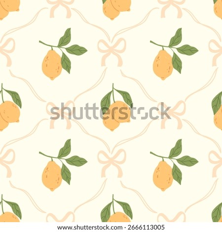 Minimalistic Botanical Seamless Pattern with Lemons, Green Leaves, and Decorative Bows on Light Background