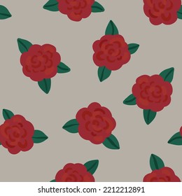 Minimalistic botanical seamless pattern with red roses on grey background. Naive minimalistic  retro plant design for wallpaper, fabric, wrapping paper, etc.