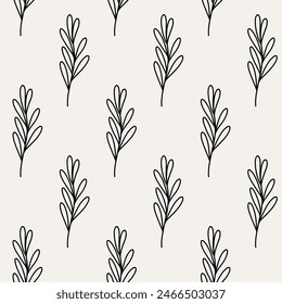 Minimalistic botanical seamless pattern. Vector hand-drawn illustration in doodle style. Perfect for decorations, wallpaper, wrapping paper, fabric. Floral background.