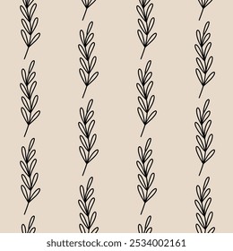 Minimalistic botanical seamless pattern. Vector hand-drawn illustration in doodle style. Perfect for decorations, wallpaper, wrapping paper, fabric. Floral background.