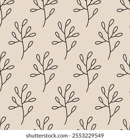 Minimalistic botanical seamless pattern. Vector hand-drawn illustration in doodle style. Perfect for decorations, wallpaper, wrapping paper, fabric. Floral background.