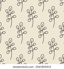 Minimalistic botanical seamless pattern. Vector hand-drawn illustration in doodle style. Perfect for decorations, wallpaper, wrapping paper, fabric. Floral background.