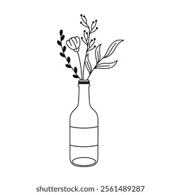 Minimalistic Botanical Vase arrangement, Floral Boutique Illustration with Glass Bottle, Flowers and Leaves