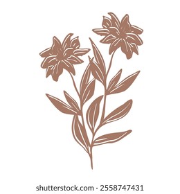 Minimalistic botanical vector art: bouquet of hand drawn flowers and leaves in mocha tones, featuring silhouettes that highlight natural, organic beauty in a contemporary design for prints or tattoos