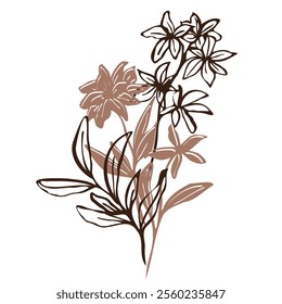 Minimalistic botanical vector artwork with a hand-drawn bouquet of flowers and leaves, mocha and brown outlines, and a mix of line art and silhouettes, celebrating organic beauty in a modern design