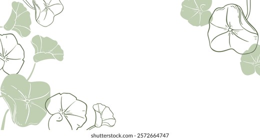 Minimalistic botanical vector border of Centella asiatica in soft green tones. Pennywort silhouette, gotu kola rounded leaves on banner hand drawn monochrome outline for label skincare, wellness.