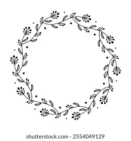 Minimalistic Botanical Wreath, Black and White Floral Frame Monogram with  Slender Branches, Delicate Buds and Leaves