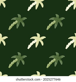 Minimalistic botany exotic seamless pattern with little simple white and green palm tree ornament. Designed for fabric design, textile print, wrapping, cover. Vector illustration.
