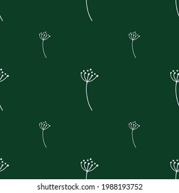 Minimalistic botany seamless pattern with rowan berry outline ornament. Green background. Vector illustration for seasonal textile prints, fabric, banners, backdrops and wallpapers.