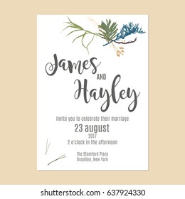 Minimalistic botany wedding invitation card template vector with a different vegetation