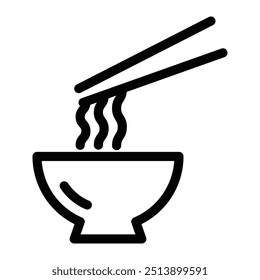 Minimalistic bowl of noodles with chopsticks. Vector illustration of Asian cuisine or food. Editable stroke.