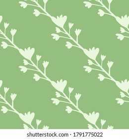 Minimalistic branches with flowers seamless pattern in pastel tones. Green background and light botanic elements. Designed for wallpaper, textile, wrapping paper, fabric print. Vector illustration.