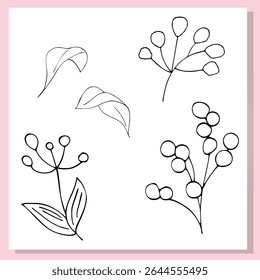 Minimalistische takken met ronde toppen in een zachte, luchtige samenstelling. Handgetekende natuurlijke elementen in een lichtneutraal palet.