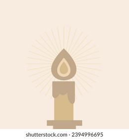 Minimalistic bright candle with fire, melted wax and reflection lines flat iconic vector line art.
