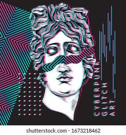 Minimalistic Bright colored collage. Apollo Plaster head statue with a geometry form. Cyberpunk glitch art. Creative poster, t-shirt composition, hand drawn style print. Vector illustration.