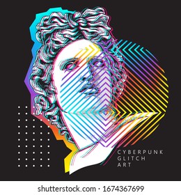 Minimalistic Bright colored collage. Apollo Plaster head statue with a geometry form. Cyberpunk glitch art. Creative poster, t-shirt composition, hand drawn style print. Vector illustration.