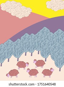 minimalistic bright forest mountain landscape with grazing sheep