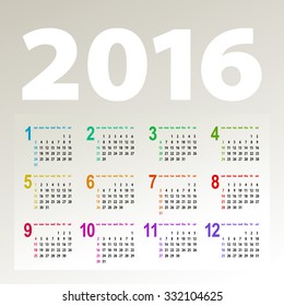 minimalistic bright multicolor 2016 calendar design - week starts with sunday