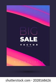 Minimalistic bright stylish vector template with multicolored neon shapes and lettering big sale on the black backdrop