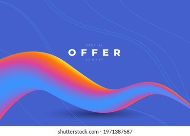 Minimalistic bright vector template with blue background and volumetric rainbow wavy line with thin lines and lettering, special offer 