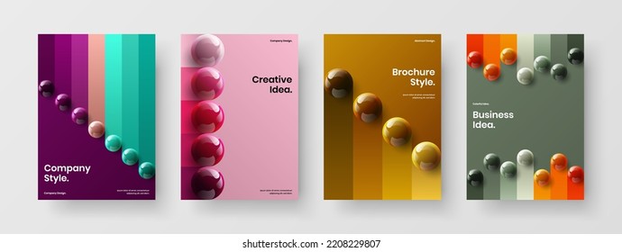 Minimalistic brochure A4 vector design illustration set. Isolated realistic spheres corporate cover layout collection.
