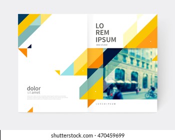 Minimalistic Brochure design. Annual report cover template. a4 size. Blue, yellow and gray diagonal lines & triangles. vector-stock illustration