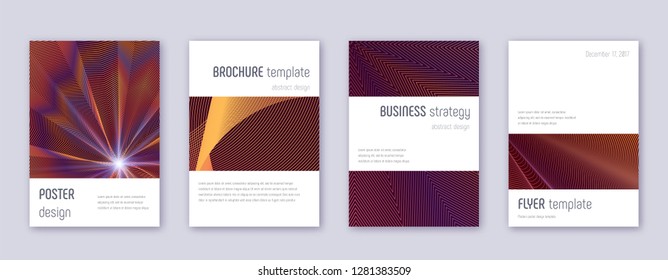 Minimalistic brochure design template set. Orange abstract lines on wine-red background. Attractive brochure design. Great catalog, poster, book template etc.
