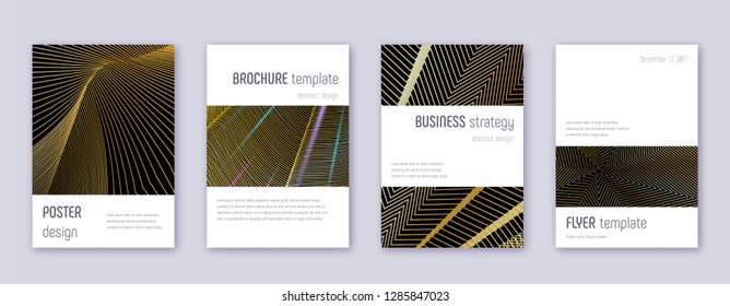 Minimalistic brochure design template set. Gold abstract lines on black background. Artistic brochure design. Sublime catalog, poster, book template etc.
