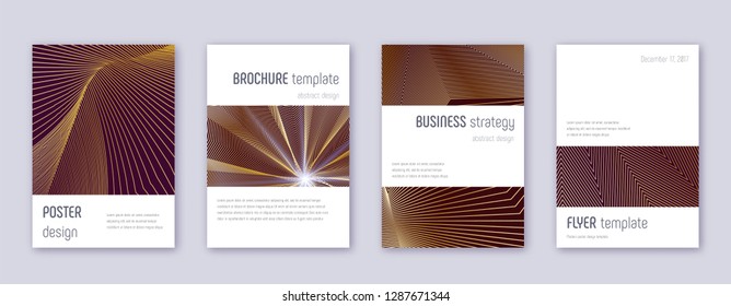 Minimalistic brochure design template set. Gold abstract lines on bordo background. Artistic brochure design. Wondrous catalog, poster, book template etc.