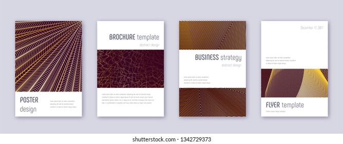 Minimalistic brochure design template set. Gold abstract lines on bordo background. Astonishing brochure design. Artistic catalog, poster, book template etc.