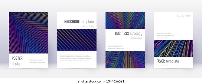 Minimalistic brochure design template set. Rainbow abstract lines on dark blue background. Attractive brochure design. Splendid catalog, poster, book template etc.