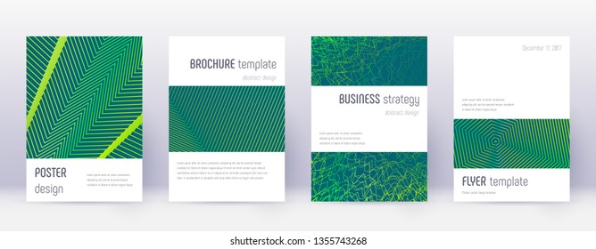 Minimalistic brochure design template set. Green abstract lines on dark background. Astonishing brochure design. Noteworthy catalog, poster, book template etc.