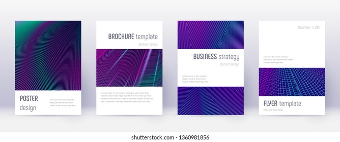Minimalistic brochure design template set. Neon abstract lines on dark blue background. Attractive brochure design. Amazing catalog, poster, book template etc.