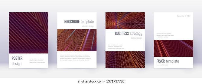 Minimalistic brochure design template set. Orange abstract lines on wine red background. Attractive brochure design. Energetic catalog, poster, book template etc.