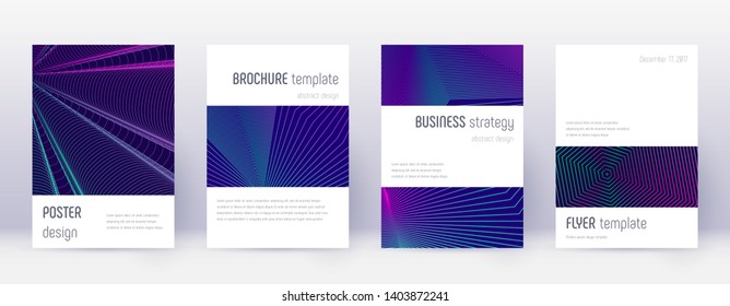 Minimalistic brochure design template set. Neon abstract lines on dark blue background. Attractive brochure design. Beautiful catalog, poster, book template etc.