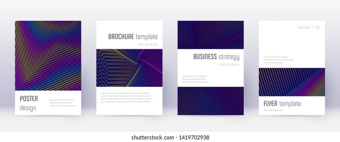 Minimalistic brochure design template set. Rainbow abstract lines on dark blue background. Attractive brochure design. Quaint catalog, poster, book template etc.