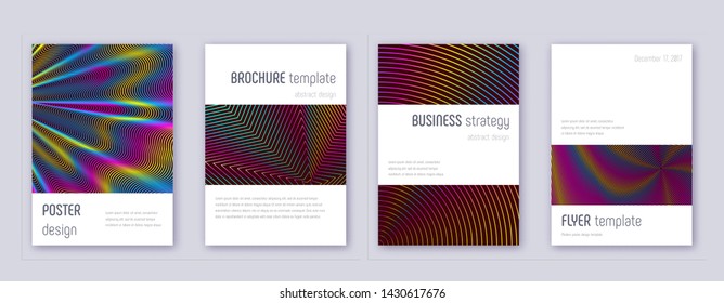 Minimalistic brochure design template set. Rainbow abstract lines on wine red background. Authentic brochure design. Amazing catalog, poster, book template etc.