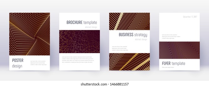 Minimalistic brochure design template set. Gold abstract lines on bordo background. Astonishing brochure design. Exquisite catalog, poster, book template etc.