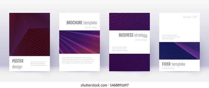 Minimalistic brochure design template set. Violet abstract lines on dark background. Authentic brochure design. Worthy catalog, poster, book template etc.