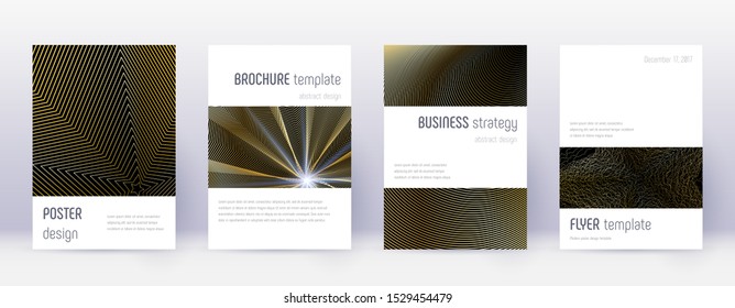 Minimalistic brochure design template set. Gold abstract lines on black background. Artistic brochure design. Surprising catalog, poster, book template etc.