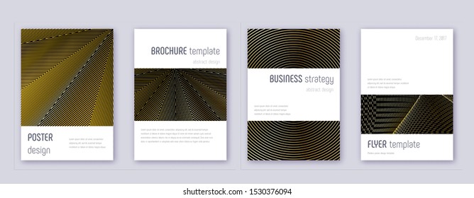 Minimalistic brochure design template set. Gold abstract lines on black background. Artistic brochure design. Shapely catalog, poster, book template etc.