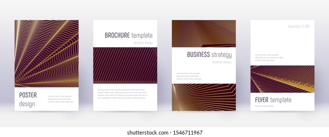 Minimalistic brochure design template set. Gold abstract lines on bordo background. Astonishing brochure design. Delightful catalog, poster, book template etc.