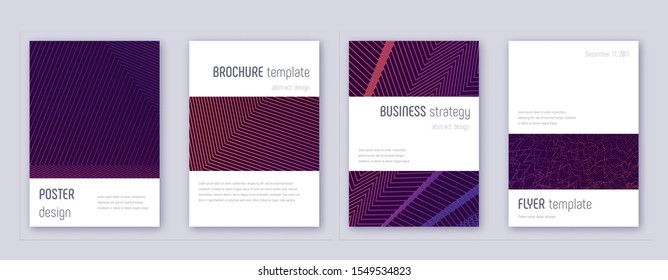 Minimalistic brochure design template set. Violet abstract lines on dark background. Authentic brochure design. Rare catalog, poster, book template etc.