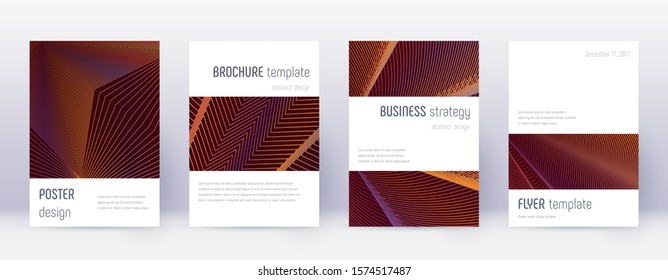 Minimalistic brochure design template set. Orange abstract lines on wine red background. Attractive brochure design. Delightful catalog, poster, book template etc.